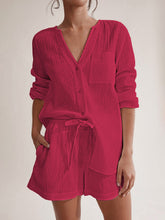 Load image into Gallery viewer, Notched Long Sleeve Top and Shorts Set