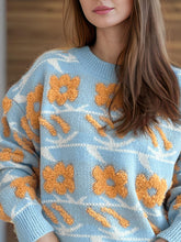 Load image into Gallery viewer, Flower Contrast Round Neck Long Sleeve Sweater