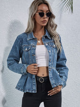Load image into Gallery viewer, Peplum Collared Neck Long Sleeve Denim Top