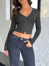 Load image into Gallery viewer, Buttoned V-Neck Long Sleeve T-Shirt