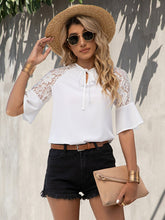 Load image into Gallery viewer, Lace Detail Tie Neck Half Sleeve Blouse