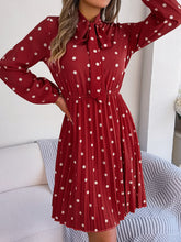 Load image into Gallery viewer, Polka Dot Tie Neck Pleated Dress