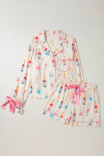 Load image into Gallery viewer, Bow Printed Collared Neck Top and Drawstring Shorts Lounge Set