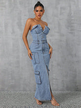 Load image into Gallery viewer, Slit Half Button Tube Denim Dress