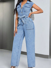 Load image into Gallery viewer, Tied Half Button Denim Jumpsuit with Pockets