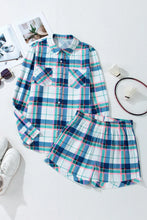 Load image into Gallery viewer, Plaid Snap Down Long Sleeve Top and Shorts Lounge Set