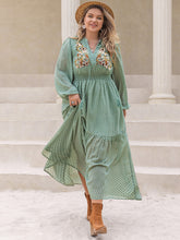 Load image into Gallery viewer, Plus Size Tassel Printed Tie Neck Long Sleeve Midi Dress