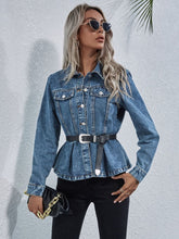 Load image into Gallery viewer, Peplum Collared Neck Long Sleeve Denim Top