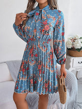 Load image into Gallery viewer, Pleated Printed Tie Neck Long Sleeve Dress