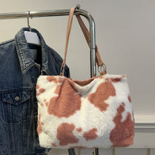 Load image into Gallery viewer, Cow Print Furry Tote Bag