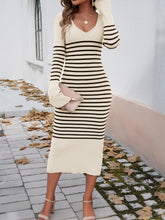 Load image into Gallery viewer, Striped V-Neck Long Sleeve Sweater Dress