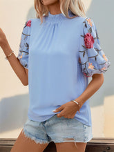 Load image into Gallery viewer, Embroidered Mock Neck Puff Sleeve Blouse