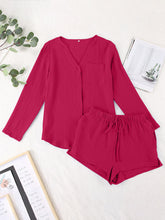 Load image into Gallery viewer, Notched Long Sleeve Top and Shorts Set