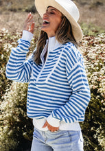 Load image into Gallery viewer, Striped Half Zip Mock Neck Long Sleeve Sweater