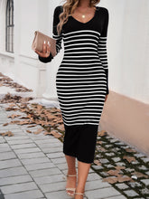 Load image into Gallery viewer, Striped V-Neck Long Sleeve Sweater Dress