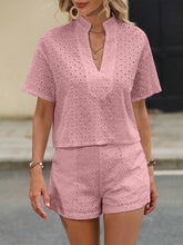 Load image into Gallery viewer, Eyelet Notched Short Sleeve Top and Shorts Set