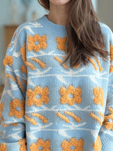 Load image into Gallery viewer, Flower Contrast Round Neck Long Sleeve Sweater