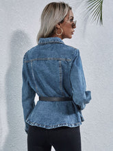 Load image into Gallery viewer, Peplum Collared Neck Long Sleeve Denim Top