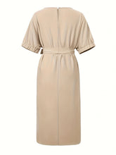 Load image into Gallery viewer, Slit Round Neck Tie Waist Midi Dress