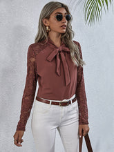 Load image into Gallery viewer, Tie Neck Spliced Lace Long Sleeve Top