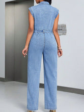 Load image into Gallery viewer, Tied Half Button Denim Jumpsuit with Pockets