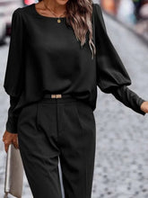 Load image into Gallery viewer, Decorative Button Round Neck Long Sleeve Blouse