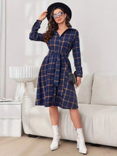 Load image into Gallery viewer, Plaid Tie Waist Long Sleeve Dress