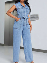 Load image into Gallery viewer, Tied Half Button Denim Jumpsuit with Pockets