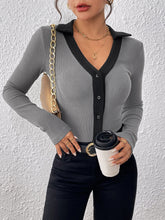 Load image into Gallery viewer, Perfee Contrast Trim Johnny Collar Long Sleeve Bodysuit
