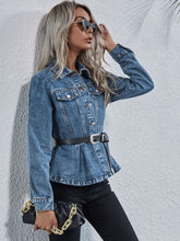 Load image into Gallery viewer, Peplum Collared Neck Long Sleeve Denim Top