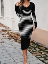 Load image into Gallery viewer, Striped V-Neck Long Sleeve Sweater Dress