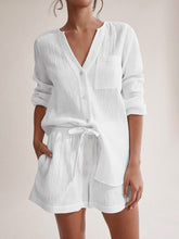 Load image into Gallery viewer, Notched Long Sleeve Top and Shorts Set