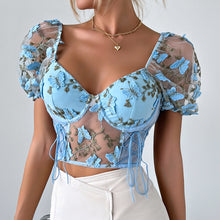 Load image into Gallery viewer, Embroidery Sweetheart Neck Short Sleeve Lace Trim Blouse
