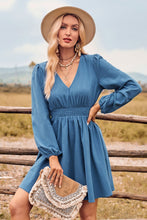 Load image into Gallery viewer, V-Neck Long Sleeve Smocked Waist Mini Dress