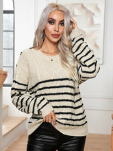 Load image into Gallery viewer, Striped Round Neck Cable-Knit Sweater