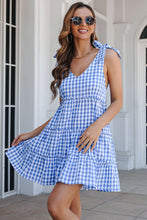 Load image into Gallery viewer, Plaid Tie Shoulder Frill Trim Tiered Dress