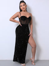 Load image into Gallery viewer, Sequin Spliced Mesh Adjustable Strap Dress