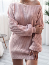 Load image into Gallery viewer, Rib-Knit Balloon Sleeve Boat Neck Sweater Dress