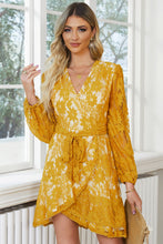Load image into Gallery viewer, Pompom Trim Puff Sleeve Belted Lace Dress