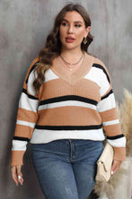 Load image into Gallery viewer, Plus Size Striped V-Neck Dropped Shoulder Sweater