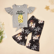 Load image into Gallery viewer, Baby Girl HELLO SUMMER Graphic Top and Floral Flare Pants Set