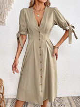 Load image into Gallery viewer, Tie Cuff Deep V Button Down Dress