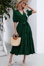 Load image into Gallery viewer, Surplice Neck Tie Waist Tiered Midi Dress