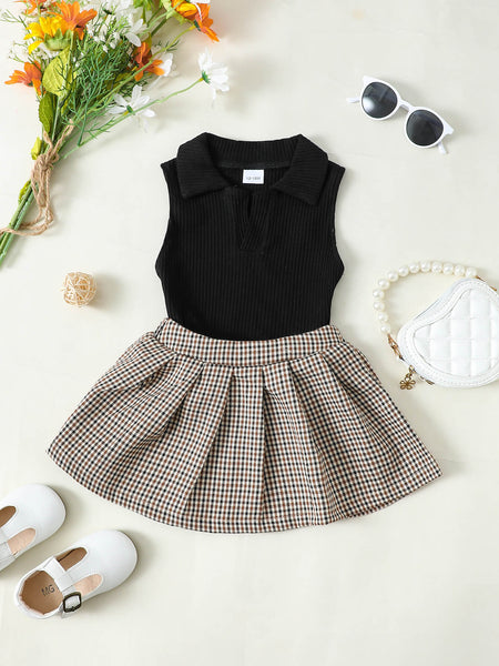 Baby Girl Ribbed Sleeveless Top and Plaid Skirt Set