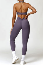 Load image into Gallery viewer, Ruched Halter Neck Bra and Pocketed Leggings Active Set