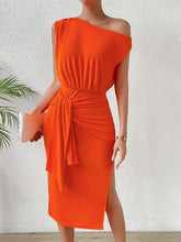 Load image into Gallery viewer, Tie Front Single Shoulder Slit Dress