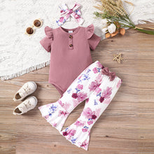 Load image into Gallery viewer, Baby Girl Decorative Button Ribbed Bodysuit and Printed Flare Pants Set