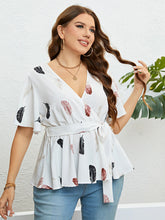 Load image into Gallery viewer, Feather Print Tied Flutter Sleeve Blouse
