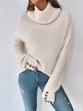 Load image into Gallery viewer, Decorative Button Turtleneck Dropped Shoulder Sweater
