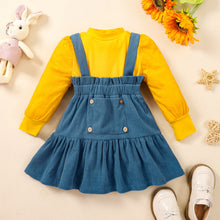 Load image into Gallery viewer, Baby Girl Puff Sleeve Round Neck Top and Buttoned Overall Dress Set